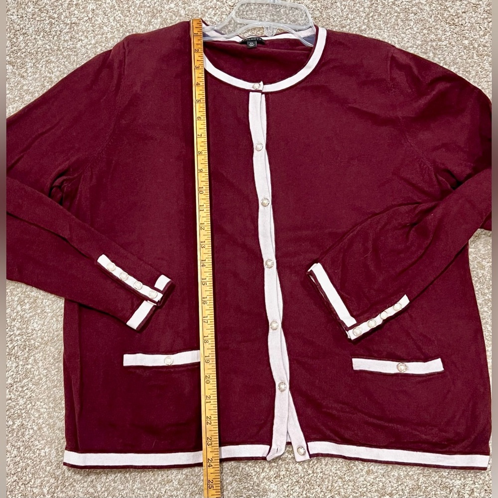 Talbots XL cardigan with pearl buttons. Maroon & cream.